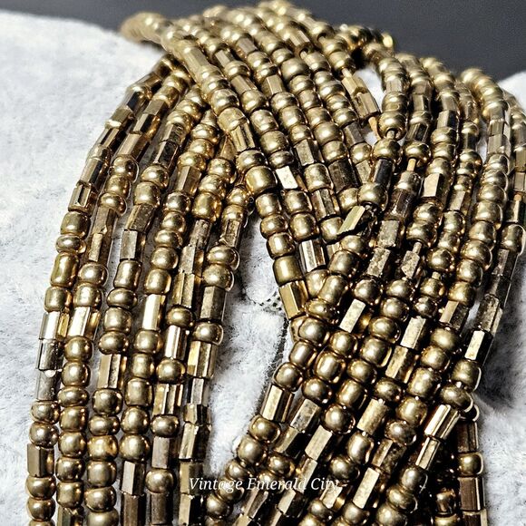 Vtg Metallic Bronze Gold Y2K 90s Striped Pretzel Memory Wire Cuff Bead Bracelet - Picture 10 of 12